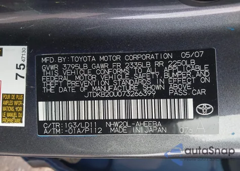 2007 Toyota Prius z USA, uszkodzony, nr VIN JTDKB20U073266399